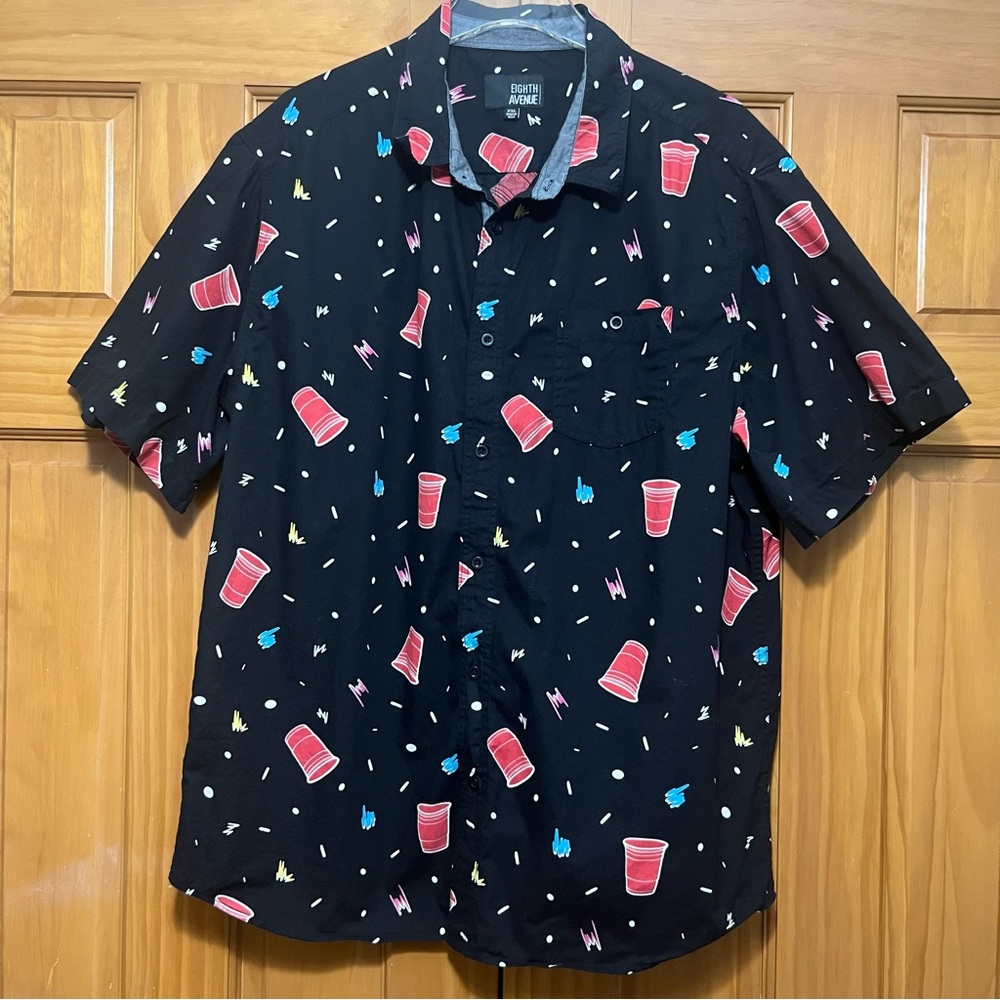 Eighth Avenue Red Solo Cup Black and Red Button Down Shirt with Playful Design